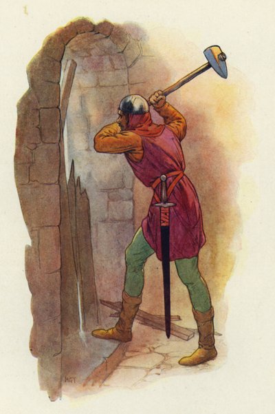 Hammaren svängde igen, och med ett andra kraschande slag bröt han dem en väg ut (färglitografi) av Harry George Theaker