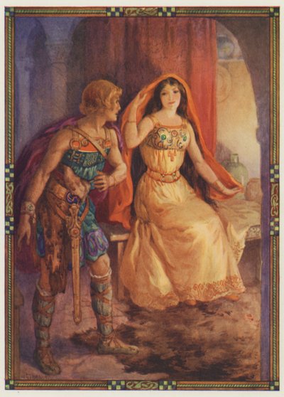 "Damen blottade sitt ansikte", Den avskyvärda damen och den galante riddaren (färglitografi) av Harry George Theaker