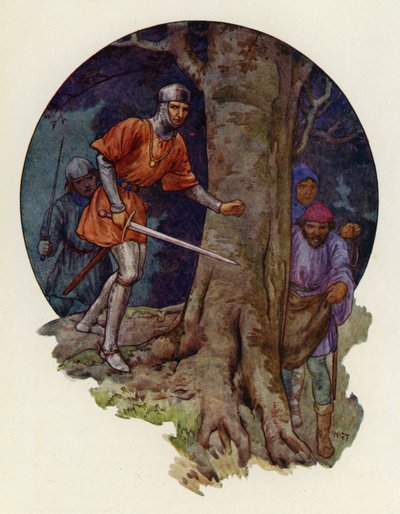 "Äntligen de laglösa!" ropade sheriffen och med draget svärd sprang han till platsen där figurerna hade försvunnit (färglitografi) av Harry George Theaker