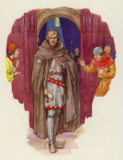 Palmer kastade tillbaka sin kåpa, och hans mantel öppnade sig och visade honom i full rustning (färglitografi) av Harry George Theaker