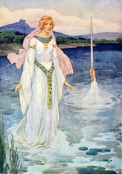 Svärdet och damen i sjön (färglitografi) av Harry George Theaker