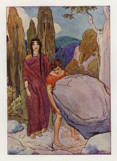 Theseus lyfter den stora klippan, under vilken svärdet och sandalerna låg (färglitografi) av Harry George Theaker