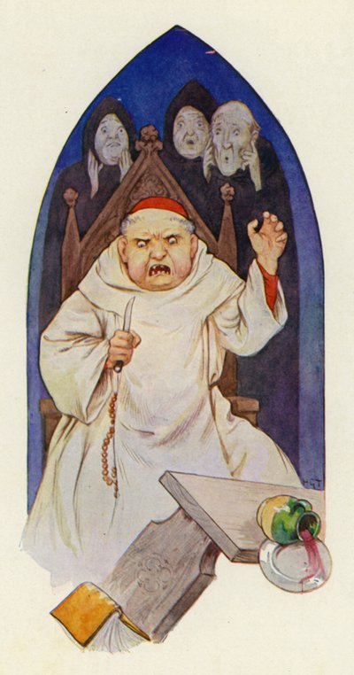 Det sägs att abbot Hugo rasade i vrede (färglitografi) av Harry George Theaker