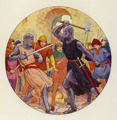 Tre gånger stötte Isambart fram, och tre gånger gick framstöten långt (färglitografi) av Harry George Theaker