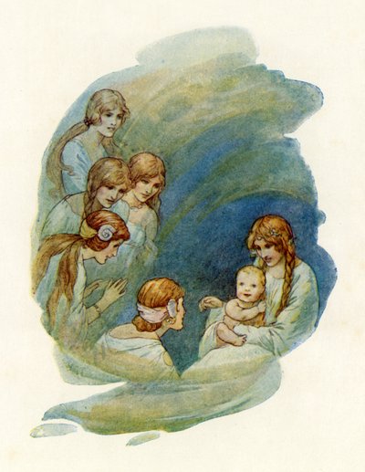 Lille Lancelot vaknar upp och ler (färglitografi) av Harry George Theaker
