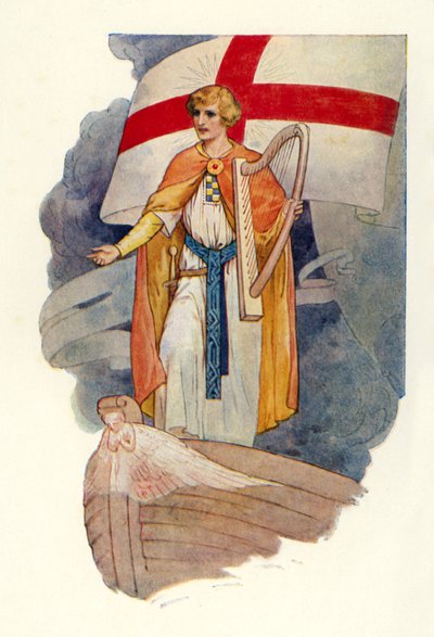 Under ett kors står en man och stirrar (färglitografi) av Harry George Theaker