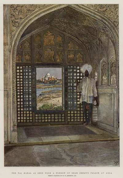 Taj Mahal sett från ett fönster i Shah Jehans palats i Agra av Harry Hamilton Johnston