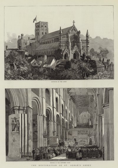 Restaureringen av St Albans Abbey gravyr av Harry Hine
