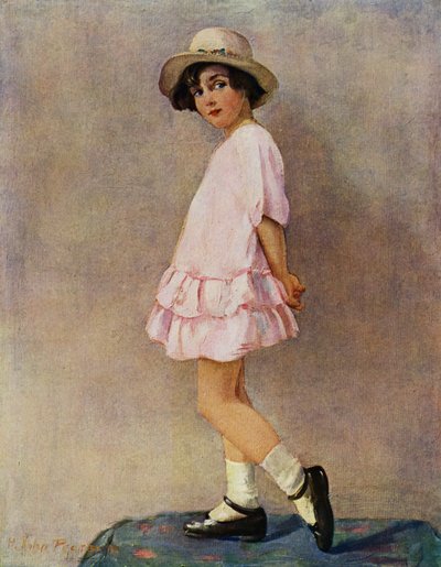 "Ska jag göra det?" - ung flicka gör sig redo att gå ut (färg litho) av Harry J. Pearson