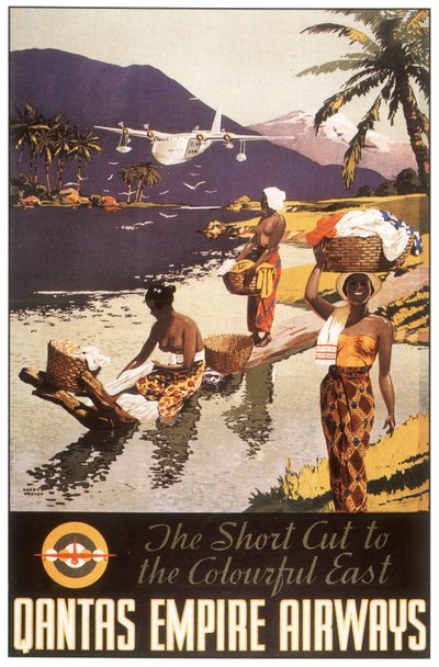 Annons Qantas empire airways, Vykort, ca. 1950-1954 (affisch) av Harry J. Weston