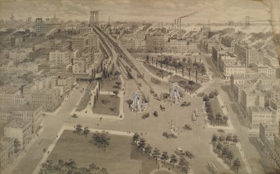 Brooklyn Plaza på Manhattan Bridge, ca 1917 (Indien bläck och tvätt vidrörd med ogenomskinlig vit) av Harry M. Pettit