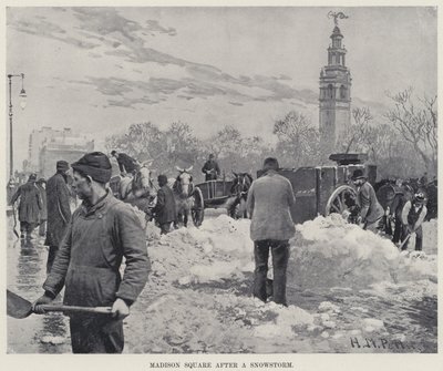 Madison Square efter en snöstorm (litho) av Harry M. Pettit