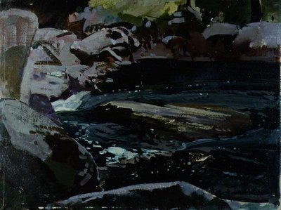 Flowing River (olja på dukskiva) av Harry Watson