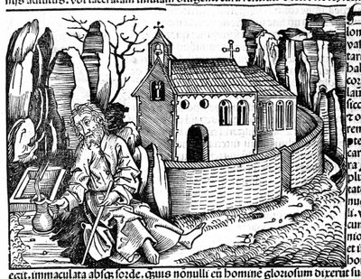 En pilgrim stannar till i ett kloster under sin resa efter Hartmann Schedels "Nürnbergkrönika" av Hartmann Schedel
