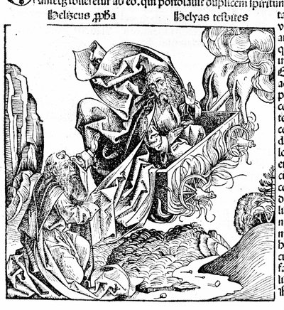 Elia reser sig i en eldvagn och lämnar sin egendom till Elisee. Hartmann Schedel: Krönika av Nürnberg. Nürnberg 1497 av Hartmann Schedel