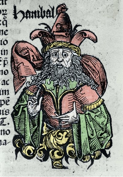 Porträtt av Hannibal eller Annibal Barca (247 f.Kr. - 183 f.Kr.), karthagisk general och statsman. Xylografi av "" Chronicles of Nuremberg"" av Hartmann Schedel av Hartmann Schedel
