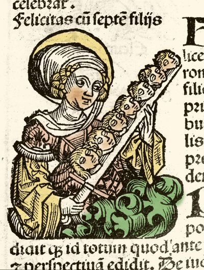 Representation av Saint Felicite, martyrskap i Rom med sina sju barns huvuden. xylografi av Hartmann Schedel "" Chronicles of Nuremberg""" 1493. av Hartmann Schedel