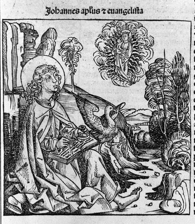 Representation av evangelisten Saint John. Gravyr från "Liber chronicarum" (Nürnbergskrönikor) av Hartmann Schedel 1493 av Hartmann Schedel