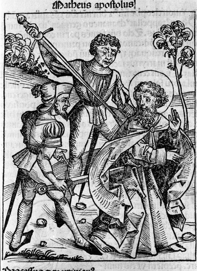 Representation av evangelisten Saint Matthew. Gravyr från "Liber chronicarum" (Nürnbergskrönikor) av Hartmann Schedel 1493 av Hartmann Schedel