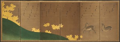 Hjort med lönn, ca 1605-10 (vikskärm med sex paneler: bläck, färg och guld på papper) av Hasagawa & Sodon Tetsuzan (1531-1617) (attr.) Tohaku