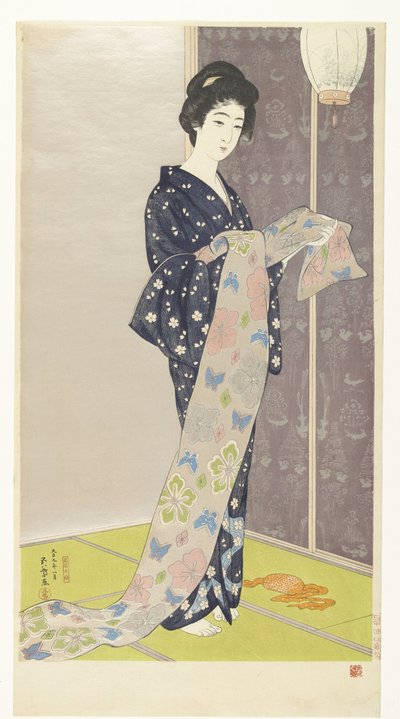 Ung kvinna i en sommarkimono Natsu yosoi no musume (titel på objekt) av Hashiguchi Goyô