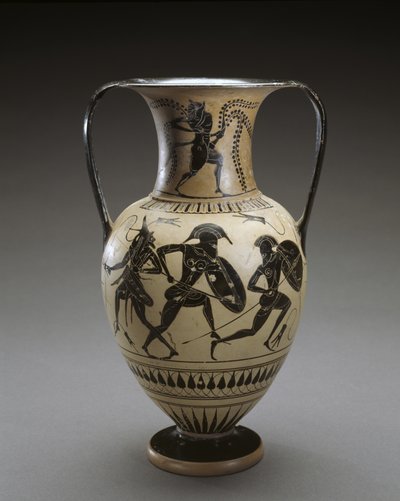 Amfora med svart figur med scen från Iliaden, 540-520 f.Kr. (terrakotta och slip) av Hattatt Painter (attr. to)
