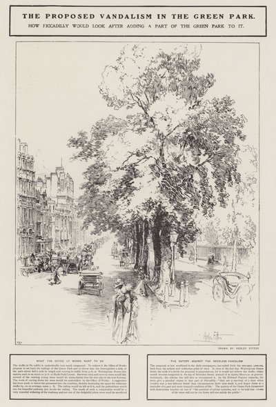 Den föreslagna vandalismen i Green Park, London (litho) av Hedley Fitton