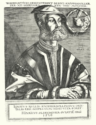 Bernhard Knipperdolling, tysk anabaptistledare och en av ledarna för Munsterupproret 1534-1535 (gravyr) av Heinrich (after) Aldegrever
