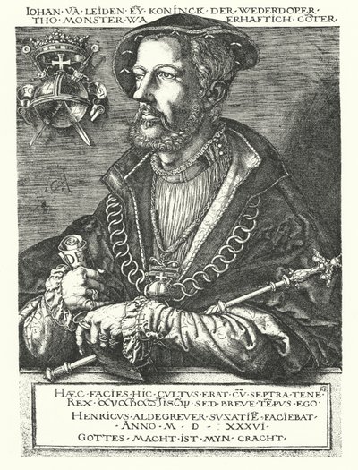 Johannes av Leiden, holländsk anabaptistledare och en av ledarna för Munsterupproret 1534-1535 (gravyr) av Heinrich (after) Aldegrever