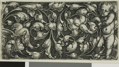 En dubbel rulle med bladornament med en Putto stående till höger av Heinrich Aldegrever