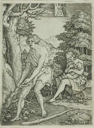 Adam och Eva på jobbet, från Berättelsen om Adam och Eva av Heinrich Aldegrever