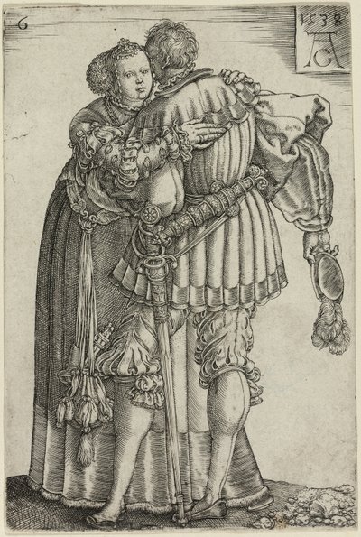 Couple Embracing, tallrik sex från The Large Wedding-Dancers av Heinrich Aldegrever