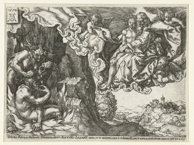 Den rike mannen i helvetet ser Abraham med Lasarus Liknelsen om Lasarus och den rike mannen (serietitel) av Heinrich Aldegrever