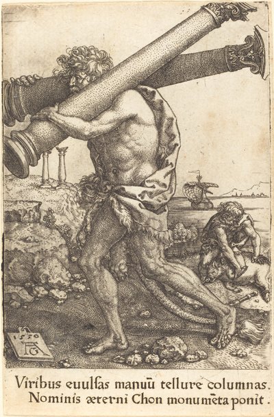 Herkules bär Gazas två kolonner, 1550. av Heinrich Aldegrever