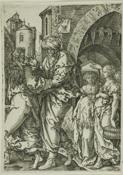 Lot och hans familj flyr från Sodom, från historien om Lot av Heinrich Aldegrever