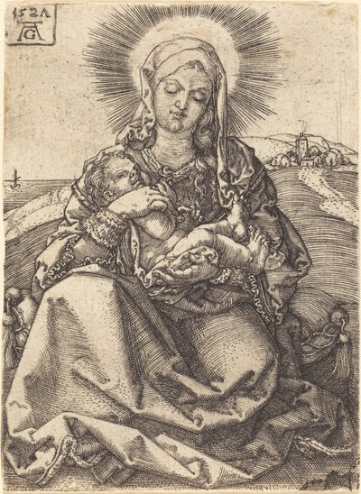 Madonna i ett landskap sittande på en kudde, 1527. av Heinrich Aldegrever