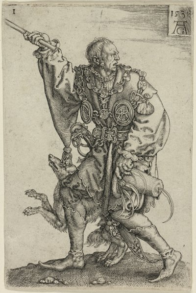 Ceremonimästare med en hund, tallrik en från de stora bröllopsdansarna av Heinrich Aldegrever