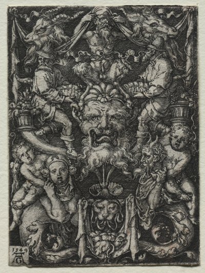 Prydnadsdesign med en mask, ett par tritoner och två barn nedanför, 1549. av Heinrich Aldegrever