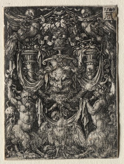Ornamentdesign med en mask och en örn mellan två fauner nedan, 1509. av Heinrich Aldegrever