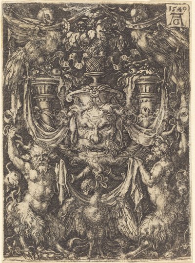 Ornament with Mask, Eagle between Satyrs Below, 1549. av Heinrich Aldegrever