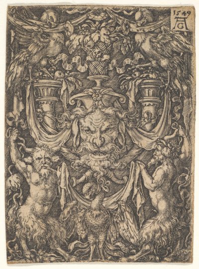 Ornamental design med en mask och en örn mellan två fauner nedan, 1549. av Heinrich Aldegrever