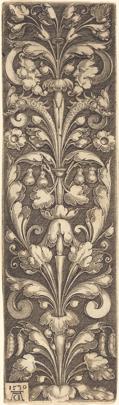 Kvist av dekorativt lövverk med två masker och två delfiner, 1530. av Heinrich Aldegrever