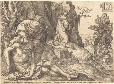 Den barmhärtige samariten tjänar resenären, 1554. av Heinrich Aldegrever