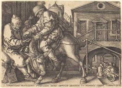 Den barmhärtige samariten betalar för resenärens logi, 1554. av Heinrich Aldegrever
