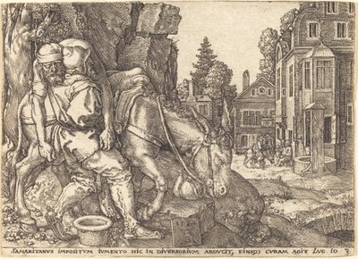 Den barmhärtige samariten placerar resenären på en mula, 1554. av Heinrich Aldegrever