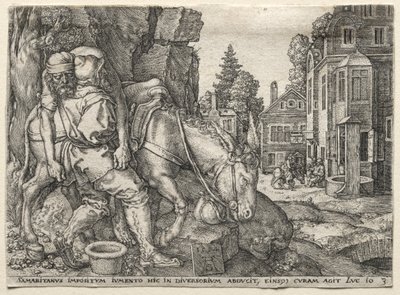 Liknelsen om den barmhärtige samariten: Den barmhärtige samariten sätter resenären på sin åsna, 1554. av Heinrich Aldegrever