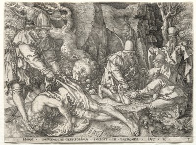Liknelsen om den barmhärtige samariten: Rånarna attackerar de resenärer, 1554. av Heinrich Aldegrever