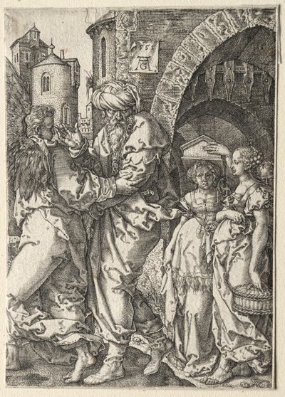 Historien om Lot: Lot och hans familj flyr från Sodom av Heinrich Aldegrever