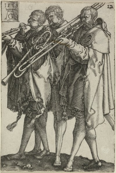 Tre trombonister, tallrik tolv från The Large Wedding-Dancers av Heinrich Aldegrever