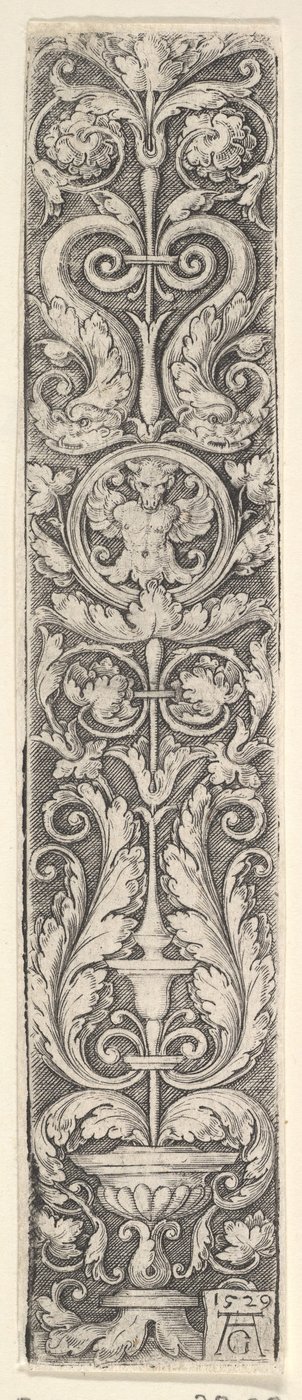 Vertikal panel med en kandelaber innehållande en medaljong med en kentaur och ett par Dolp..., 1529. av Heinrich Aldegrever